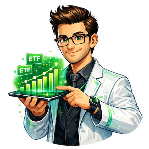 Alex, il Coach ETF AI di Rendita ETF, mentre mostra un grafico ETF su un tablet